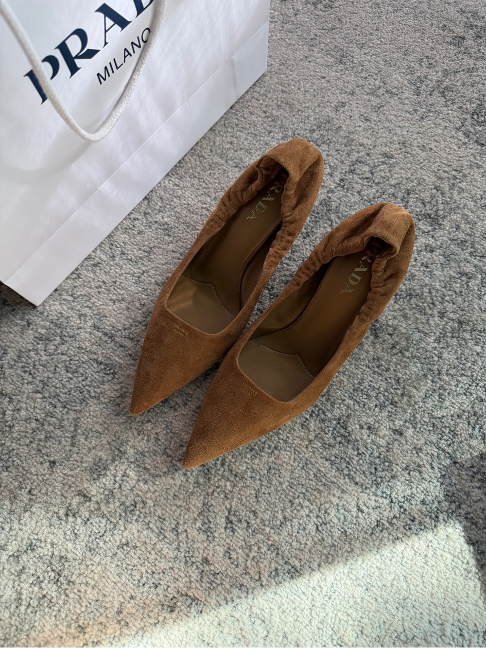 Prada Tan Brown Suede Pointed-Toe Elastic-Back Flats